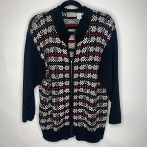 Elisabeth Liz & Co Black Red White ZIp Front Cardigan Sz 1 1X